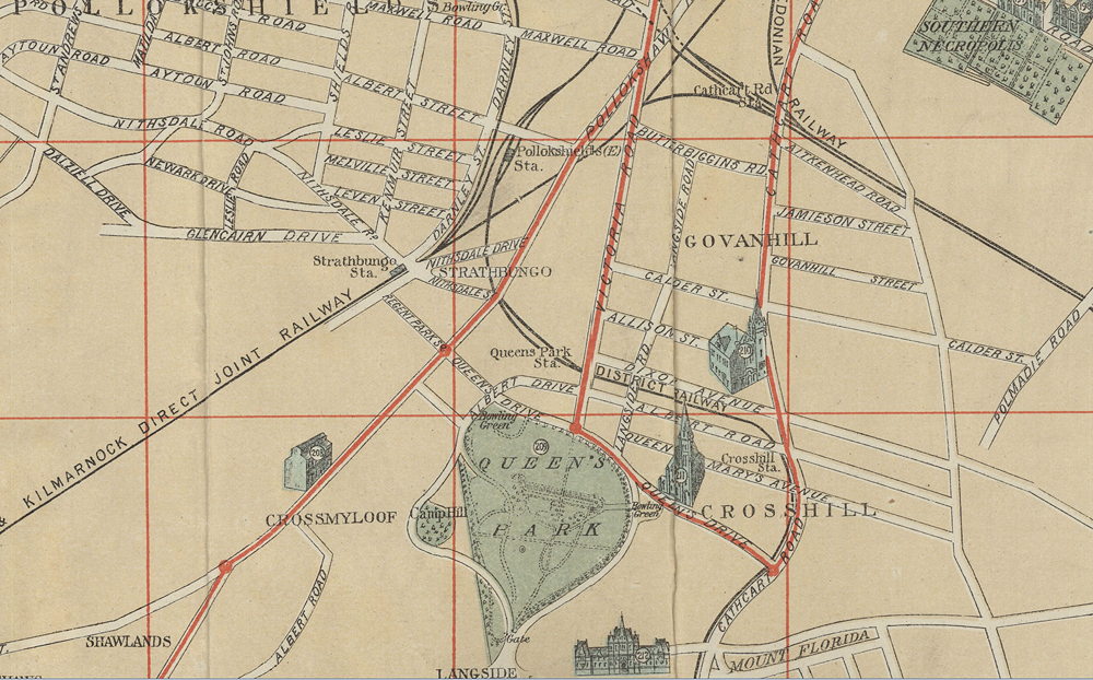 A map of southside Glasgow with tram routes marked in red and some buildings drawn in.